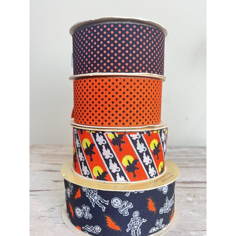 Vintage Festive Halloween Ribbon Set Of 4 Rolls / Retro Holiday Ghosts Ghouls